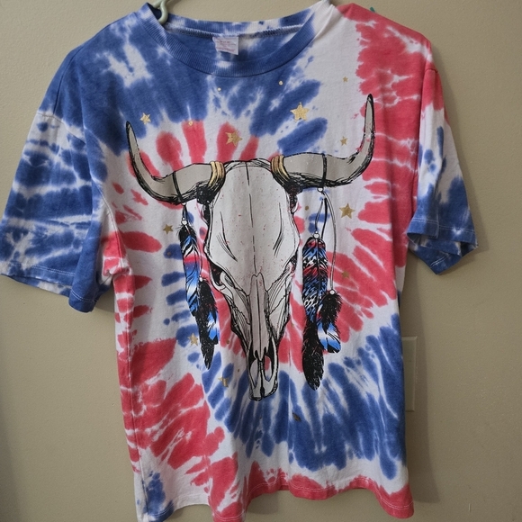 Tops - Red and‎ blue western style tie dye t shirt with a  cow skull design size medium